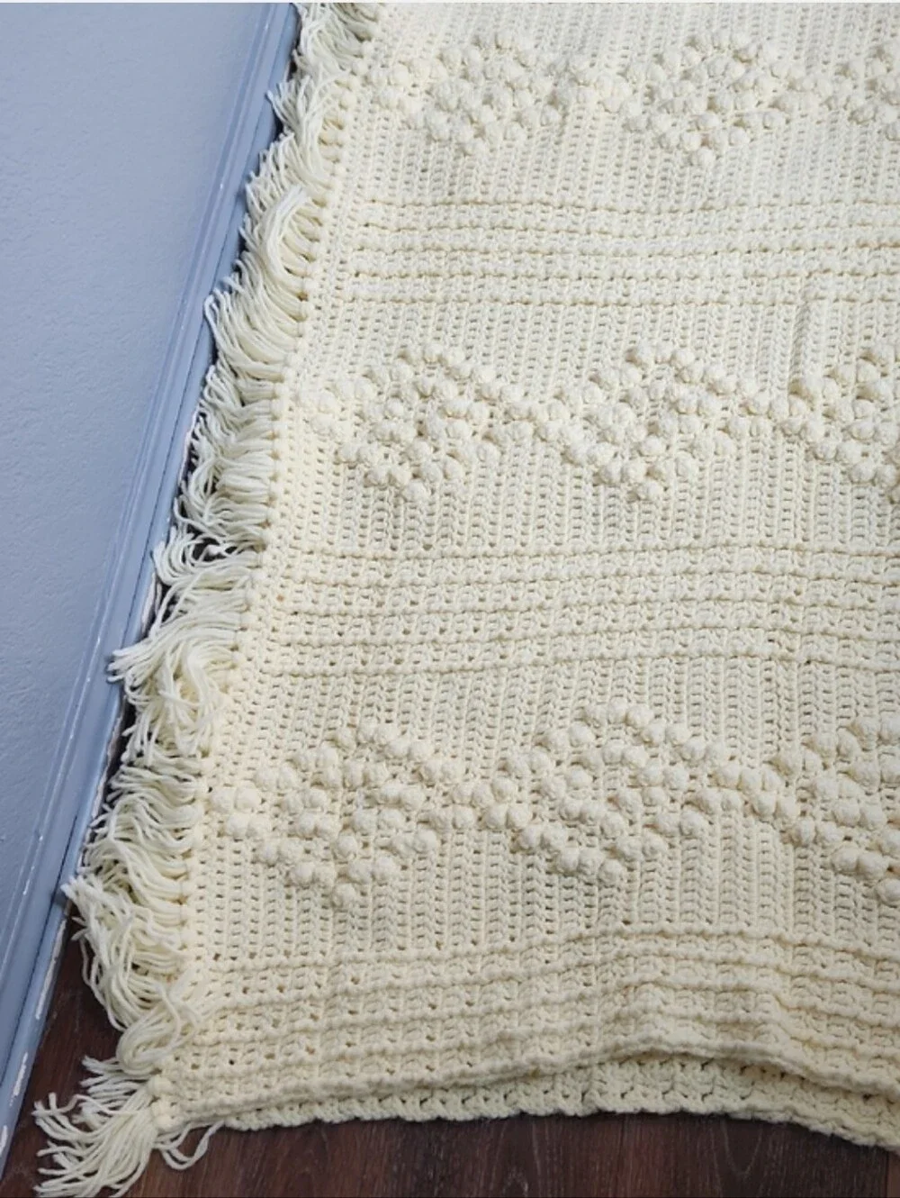 Handmade Crochet Diamond Bobble Popcorn Blanket Cream